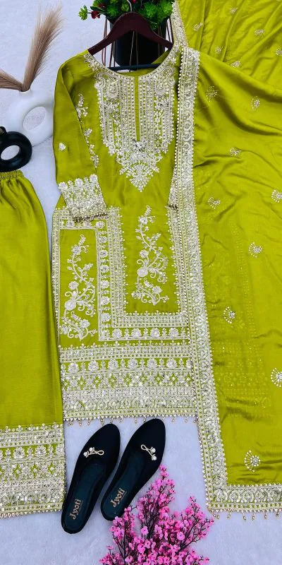 SRK 5146 Green Color Pure Chinnon Silk Embroidery Coding Dori Salwar Suit Wedding, Party, Festive, Events Expected Delivery 4-6 Working Days @ 2199/- | Casual Suits, Jump Suits, Salwar suit, Creative suits, Designer Suits, Palazzo Suits, Party Wear Suits, Patiala Suits, Straight Suits