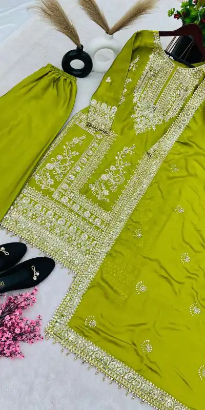 SRK 5146 Green Color Pure Chinnon Silk Embroidery Coding Dori Salwar Suit Wedding, Party, Festive, Events Expected Delivery 4-6 Working Days @ 2199/- | Casual Suits, Jump Suits, Salwar suit, Creative suits, Designer Suits, Palazzo Suits, Party Wear Suits, Patiala Suits, Straight Suits