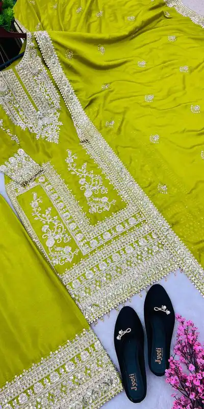 SRK 5146 Green Color Pure Chinnon Silk Embroidery Coding Dori Salwar Suit Wedding, Party, Festive, Events Expected Delivery 4-6 Working Days @ 2199/- | Casual Suits, Jump Suits, Salwar suit, Creative suits, Designer Suits, Palazzo Suits, Party Wear Suits, Patiala Suits, Straight Suits