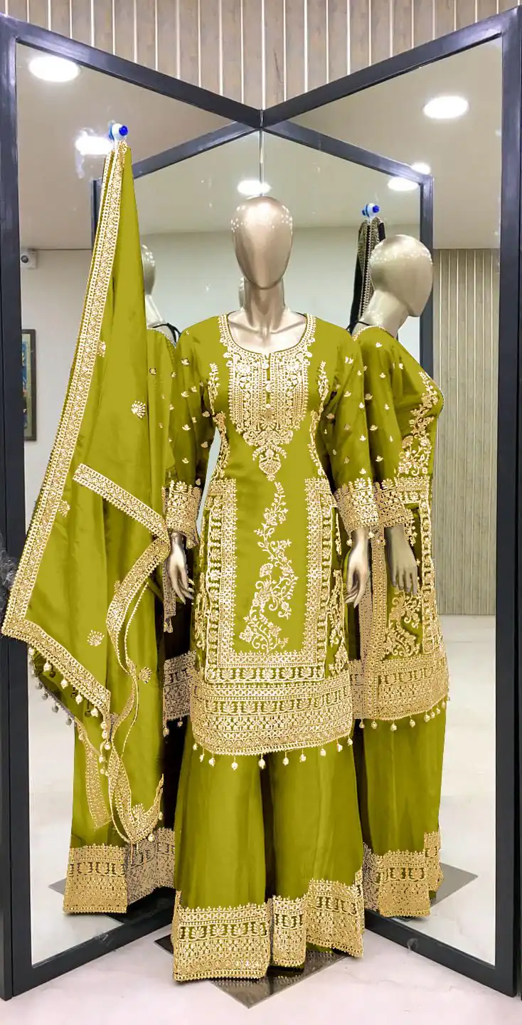 SRK 5146 Green Color Pure Chinnon Silk Embroidery Coding Dori Salwar Suit Wedding, Party, Festive, Events Expected Delivery 4-6 Working Days @ 2199/- | Casual Suits, Jump Suits, Salwar suit, Creative suits, Designer Suits, Palazzo Suits, Party Wear Suits, Patiala Suits, Straight Suits