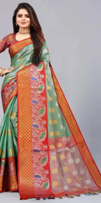 MB™️  3243 Green Color Soft Organic Tissue Silk Saree Gold ,Silver Zari Weaving Casual, Party Wear, Festival, Events, Etc. Delivery 4-6 Working Days @1550/- | Designer Sarees, Sarees, Bollywood Sarees, Creative Sarees, Embroidered Sarees, Ethnic Saree, Modern Digital sarees, Party Wear Sarees