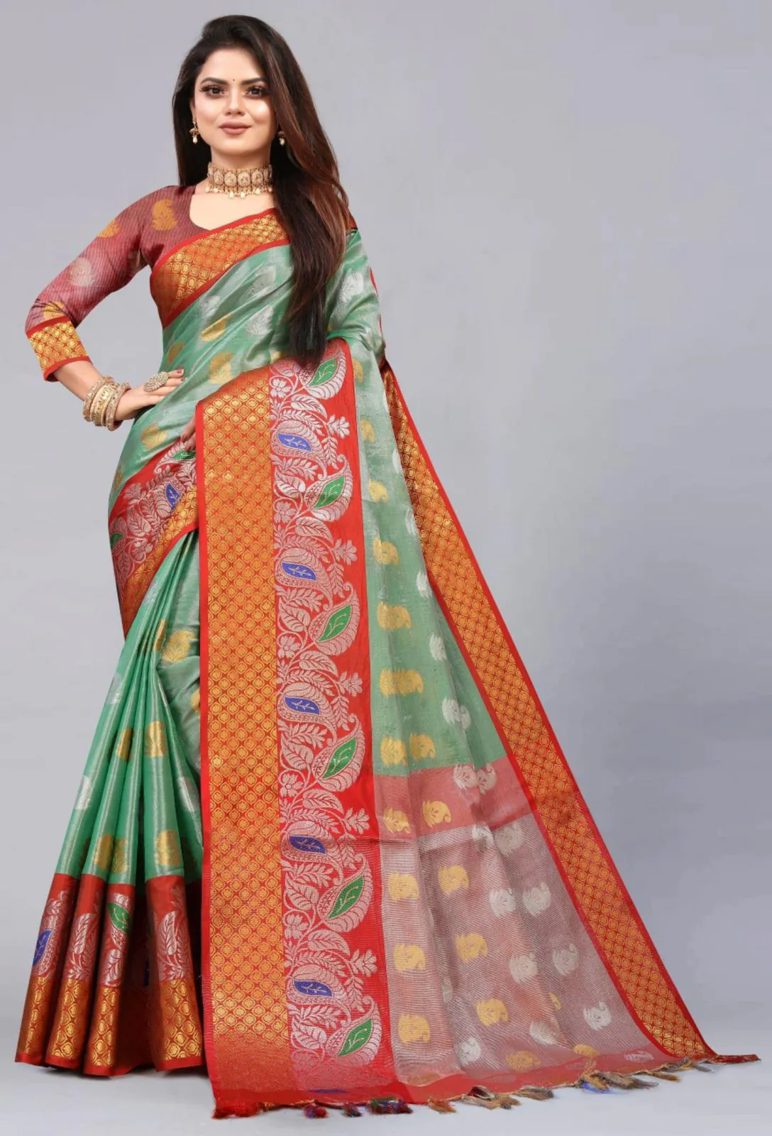 MB™️  3243 Green Color Soft Organic Tissue Silk Saree Gold ,Silver Zari Weaving Casual, Party Wear, Festival, Events, Etc. Delivery 4-6 Working Days @1550/- | Designer Sarees, Sarees, Bollywood Sarees, Creative Sarees, Embroidered Sarees, Ethnic Saree, Modern Digital sarees, Party Wear Sarees