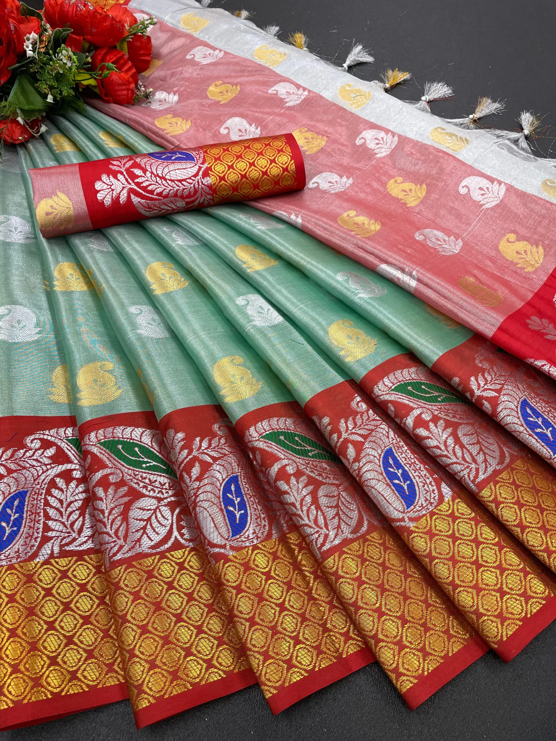 MB™️  3243 Green Color Soft Organic Tissue Silk Saree Gold ,Silver Zari Weaving Casual, Party Wear, Festival, Events, Etc. Delivery 4-6 Working Days @1550/- | Designer Sarees, Sarees, Bollywood Sarees, Creative Sarees, Embroidered Sarees, Ethnic Saree, Modern Digital sarees, Party Wear Sarees