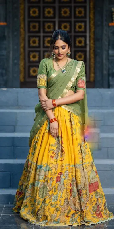 PC 290 Mustard Color Chant Crepe Kalamkari Print Lehenga Choli Casual, Party Wear, Events, Festivals Wear Etc. Expected Delivery 4-6 Working Days @2049/- | Lehenga, Bollywood Lehenga, Creative Lehenga, Designer Lehenga, Embroidered Lehenga, Party Wear Lehenga