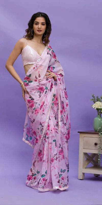 RS 45 Pink Color Floral Digital Printed Georgette Lace Border Saree Casual, Party, Wedding, Festive, Events .  Expected Delivery  4-6 Working Days @1799/- | Designer Sarees, Sarees, Bollywood Sarees, Creative Sarees, Embroidered Sarees, Ethnic Saree, Modern Digital sarees, Party Wear Sarees