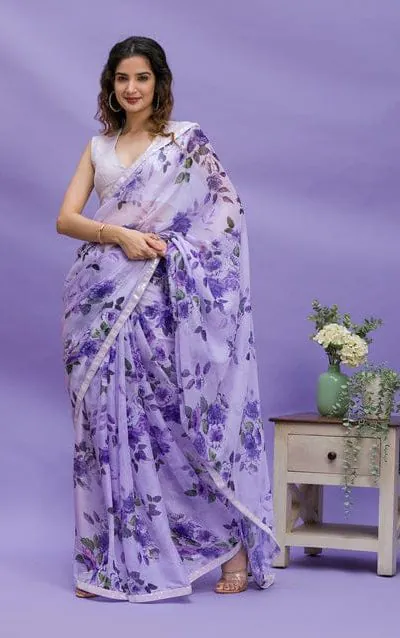 RS 45 Violet Color Floral Digital Printed Georgette Lace Border Saree Casual, Party, Wedding, Festive, Events .  Expected Delivery  4-6 Working Days @1799/- | Designer Sarees, Sarees, Bollywood Sarees, Creative Sarees, Embroidered Sarees, Ethnic Saree, Modern Digital sarees, Party Wear Sarees