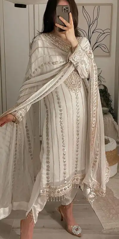 LG 1832 White Color Georgette Embroidery Foil Work Salwar Suit Casual, Wedding, Festive, Events Expected Delivery 4-6 Working Days @2149/- | Jump Suits, Salwar suit, Casual Suits, Creative suits, Designer Suits, Palazzo Suits, Party Wear Suits, Patiala Suits, Straight Suits