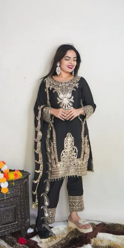 SRK 5149 Black Color Pure Chinnon Silk Embroidery Sequence Salwar Suit Wedding, Party, Festive, Events Expected Delivery 4-6 Working Days @ 2049/- | Jump Suits, Salwar suit, Casual Suits, Creative suits, Designer Suits, Palazzo Suits, Party Wear Suits, Patiala Suits, Straight Suits