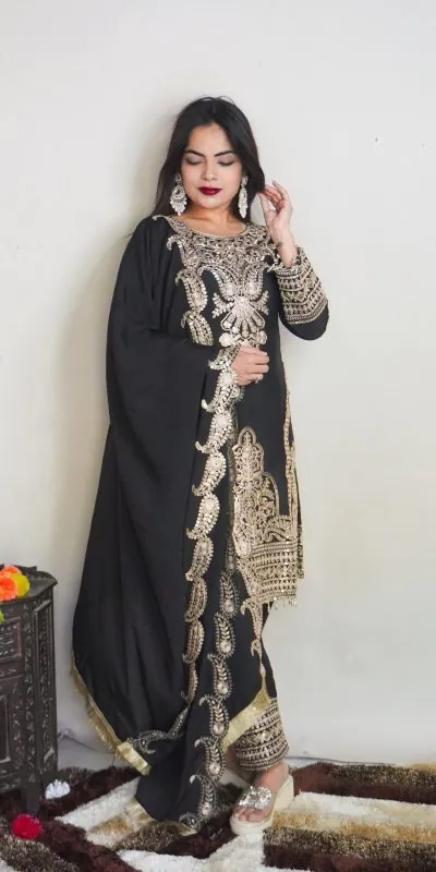 SRK 5149 Black Color Pure Chinnon Silk Embroidery Sequence Salwar Suit Wedding, Party, Festive, Events Expected Delivery 4-6 Working Days @ 2049/- | Jump Suits, Salwar suit, Casual Suits, Creative suits, Designer Suits, Palazzo Suits, Party Wear Suits, Patiala Suits, Straight Suits