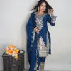 Fine Blue Color Pure Chinnon Silk Embroidery Salwar Suit