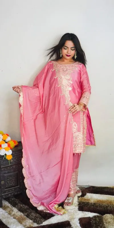 SRK 5149 Pink Color Pure Chinnon Silk Embroidery Sequence Salwar Suit Wedding, Party, Festive, Events Expected Delivery 4-6 Working Days @ 2049/- | Jump Suits, Salwar suit, Casual Suits, Creative suits, Designer Suits, Palazzo Suits, Party Wear Suits, Patiala Suits, Straight Suits