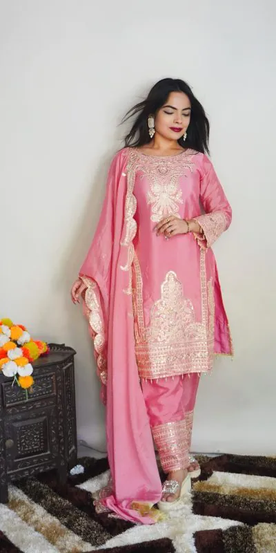 SRK 5149 Pink Color Pure Chinnon Silk Embroidery Sequence Salwar Suit Wedding, Party, Festive, Events Expected Delivery 4-6 Working Days @ 2049/- | Jump Suits, Salwar suit, Casual Suits, Creative suits, Designer Suits, Palazzo Suits, Party Wear Suits, Patiala Suits, Straight Suits