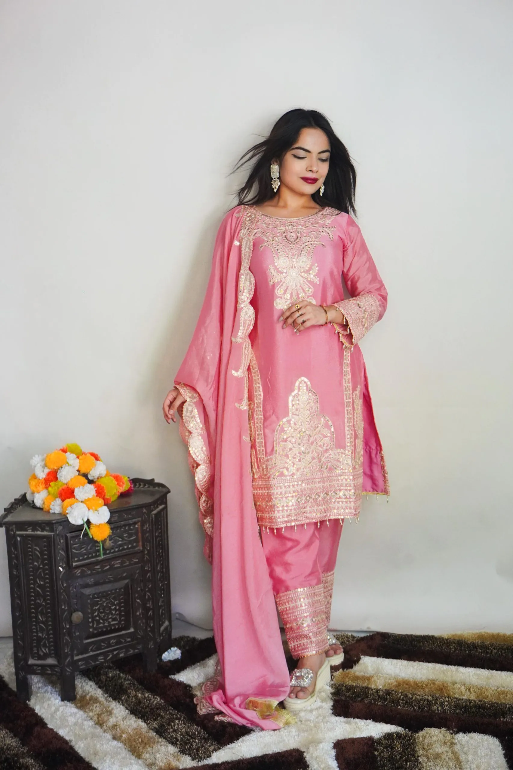 SRK 5149 Pink Color Pure Chinnon Silk Embroidery Sequence Salwar Suit Wedding, Party, Festive, Events Expected Delivery 4-6 Working Days @ 2049/- | Jump Suits, Salwar suit, Casual Suits, Creative suits, Designer Suits, Palazzo Suits, Party Wear Suits, Patiala Suits, Straight Suits