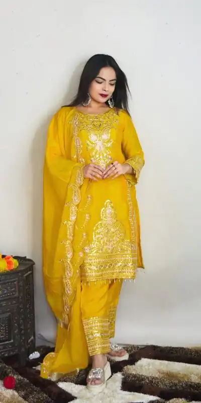 SRK 5149 Yellow Color Pure Chinnon Silk Embroidery Sequence Salwar Suit Wedding, Party, Festive, Events Expected Delivery 4-6 Working Days @ 2049/- | Jump Suits, Salwar suit, Casual Suits, Creative suits, Designer Suits, Palazzo Suits, Party Wear Suits, Patiala Suits, Straight Suits