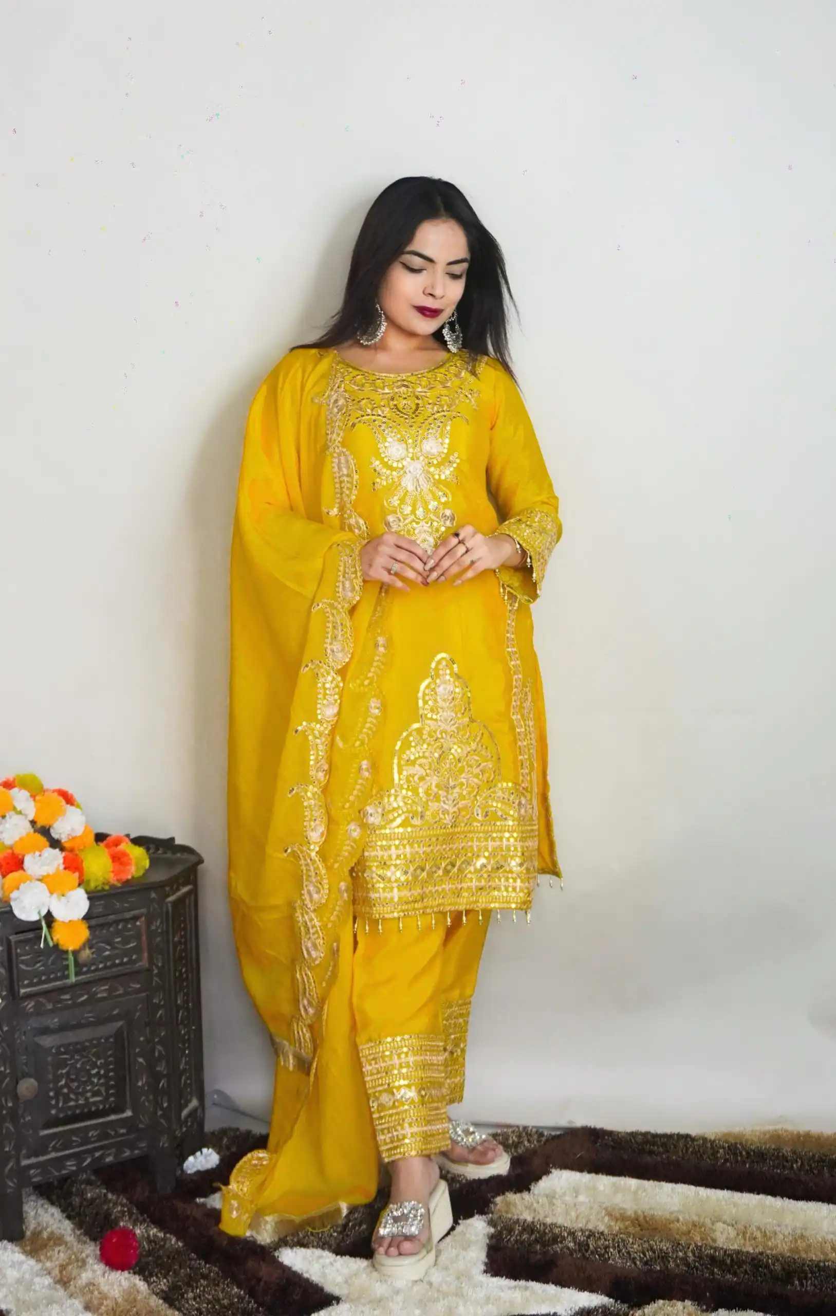 SRK 5149 Yellow Color Pure Chinnon Silk Embroidery Sequence Salwar Suit Wedding, Party, Festive, Events Expected Delivery 4-6 Working Days @ 2049/- | Jump Suits, Salwar suit, Casual Suits, Creative suits, Designer Suits, Palazzo Suits, Party Wear Suits, Patiala Suits, Straight Suits
