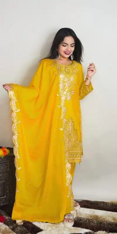 SRK 5149 Yellow Color Pure Chinnon Silk Embroidery Sequence Salwar Suit Wedding, Party, Festive, Events Expected Delivery 4-6 Working Days @ 2049/- | Jump Suits, Salwar suit, Casual Suits, Creative suits, Designer Suits, Palazzo Suits, Party Wear Suits, Patiala Suits, Straight Suits