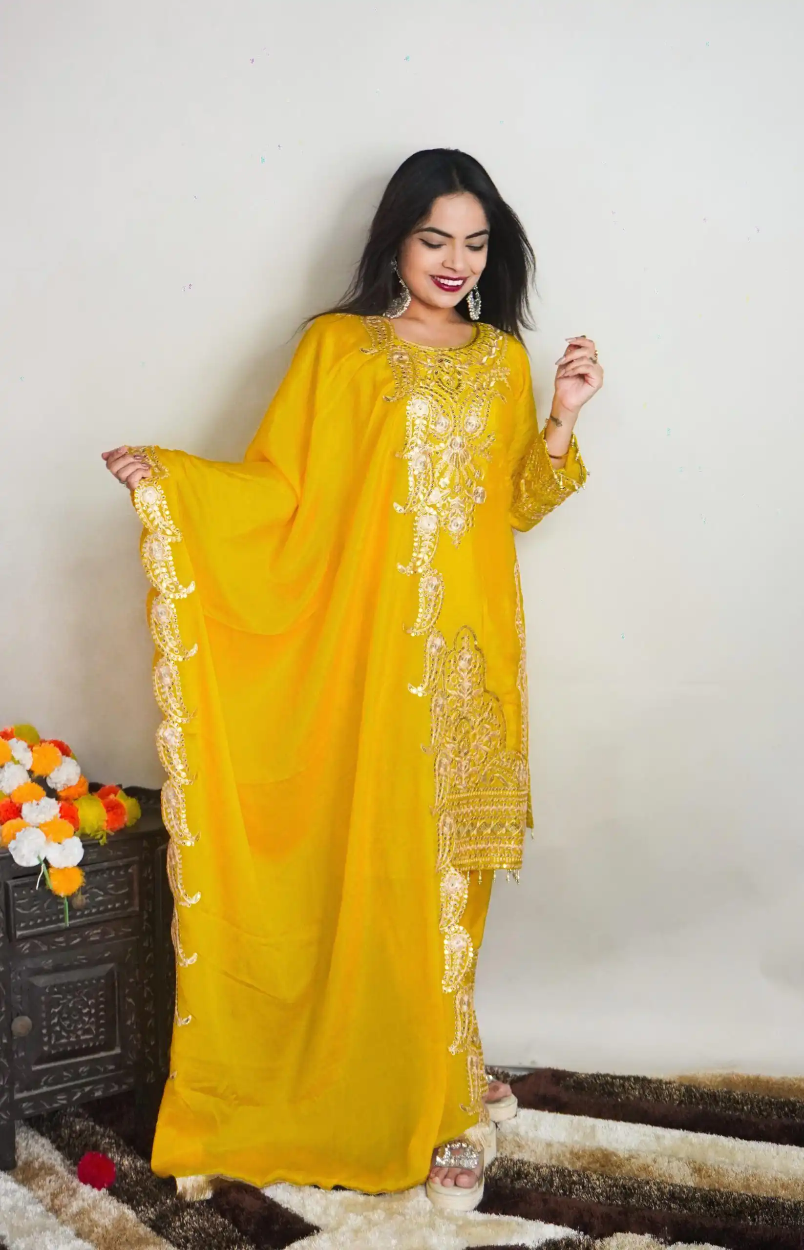 SRK 5149 Yellow Color Pure Chinnon Silk Embroidery Sequence Salwar Suit Wedding, Party, Festive, Events Expected Delivery 4-6 Working Days @ 2049/- | Jump Suits, Salwar suit, Casual Suits, Creative suits, Designer Suits, Palazzo Suits, Party Wear Suits, Patiala Suits, Straight Suits