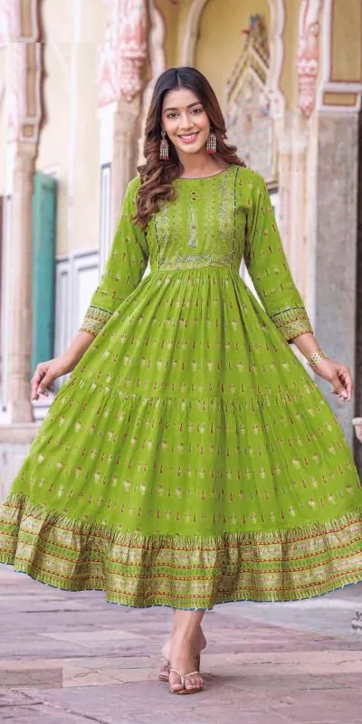 INLI Glamour Green Color Rayon Printed Gown With Hand Work  Casual, Wedding, Party, Festive, Events Etc. Expected Delivery 4-6 Working Days @1599 /- | Gowns, Bollywood Gowns, Creative Gowns, Designer Gowns, Embroidered Gowns, Party Wear Gowns