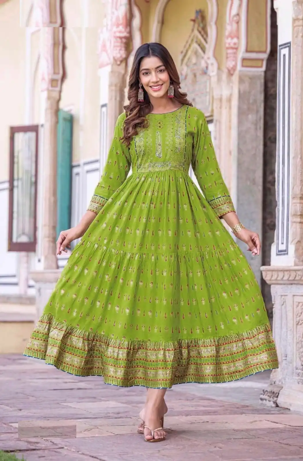 INLI Glamour Green Color Rayon Printed Gown With Hand Work  Casual, Wedding, Party, Festive, Events Etc. Expected Delivery 4-6 Working Days @1599 /- | Gowns, Bollywood Gowns, Creative Gowns, Designer Gowns, Embroidered Gowns, Party Wear Gowns