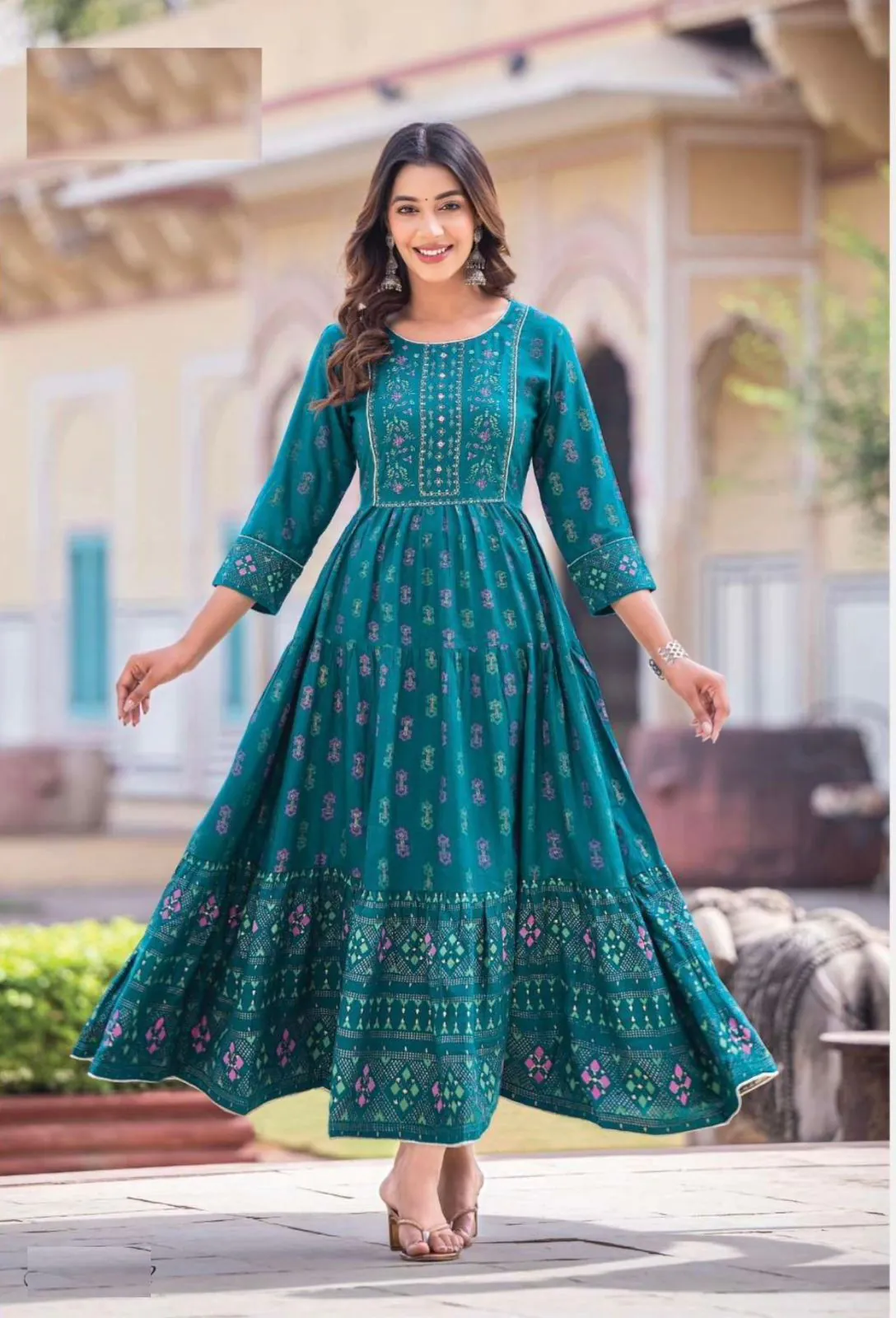 INLI Glamour Peacock Green Color Rayon Printed Gown With Hand Work  Casual, Party, Festive, Events Etc. Expected Delivery 4-6 Working Days @1599 /- | Gowns, Bollywood Gowns, Creative Gowns, Designer Gowns, Embroidered Gowns, Party Wear Gowns