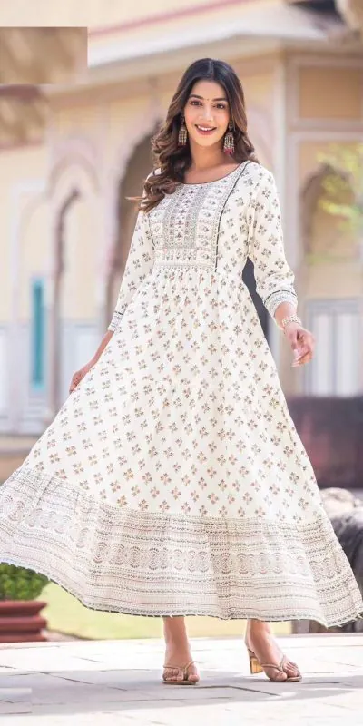INLI Glamour White Color Rayon Printed Gown With Hand Work  Casual, Wedding, Party, Festive, Events Etc. Expected Delivery 4-6 Working Days @1599 /- | Gowns, Bollywood Gowns, Creative Gowns, Designer Gowns, Embroidered Gowns, Party Wear Gowns