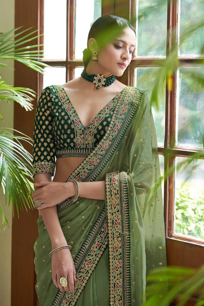 VT Kanshika Green  Color Organza Silk Embroidery Lace Border Saree And Blouse Casual, Wedding, Festive, Events . Expected Delivery  4-6 Working Days @1949/- | Designer Sarees, Sarees, Bollywood Sarees, Creative Sarees, Embroidered Sarees, Ethnic Saree, Modern Digital sarees, Party Wear Sarees