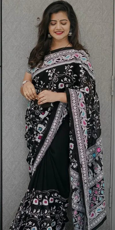 DLF BLACK QUEEN Color Faux Georgette Embroidery Work Saree Casual, Party Wear, Wedding Expected Delivery 4-6 Working Days@2249 /- | Designer Sarees, Sarees, Bollywood Sarees, Creative Sarees, Embroidered Sarees, Party Wear Sarees