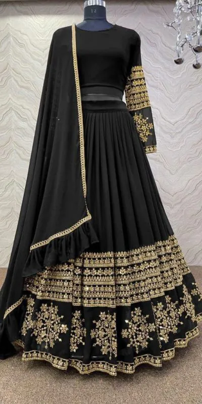 RC Butta Gold Black Color Heavy Georgette Embroidery Sequins Lehenga Choli Casual, Party Wedding, Festive, Events Etc. Delivery  4-6 Working Days 1699/- | Lehenga, Bollywood Lehenga, Creative Lehenga, Designer Lehenga, Embroidered Lehenga, Party Wear Lehenga