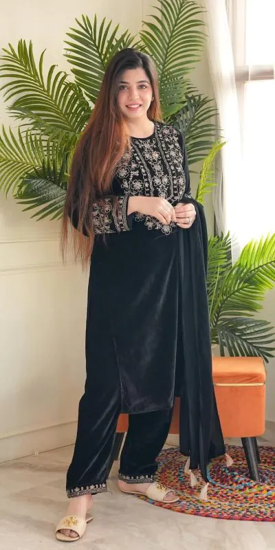 LG-1786 Black Color Viscos Velvet Embroidery Salwar Suit Paint Free Size Casual, Wedding, Festive, Events Etc. Expected Delivery 4-6 Working Days @1899/- | Salwar suit, Casual Suits, Creative suits, Designer Suits, Party Wear Suits, Patiala Suits, Straight Suits