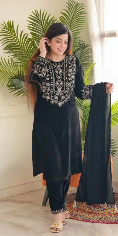 LG-1786 Black Color Viscos Velvet Embroidery Salwar Suit Paint Free Size Casual, Wedding, Festive, Events Etc. Expected Delivery 4-6 Working Days @1899/- | Salwar suit, Casual Suits, Creative suits, Designer Suits, Party Wear Suits, Patiala Suits, Straight Suits