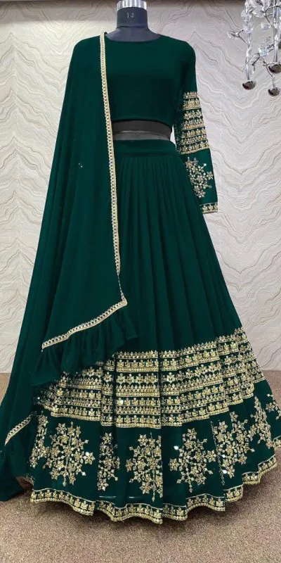 RC Butta Gold Dark Green Color Heavy Georgette Embroidery Sequins Lehenga Choli Casual, Party Wedding, Festive, Events Etc. Delivery  4-6 Working Days 1699/- | Lehenga, Bollywood Lehenga, Creative Lehenga, Designer Lehenga, Embroidered Lehenga, Party Wear Lehenga