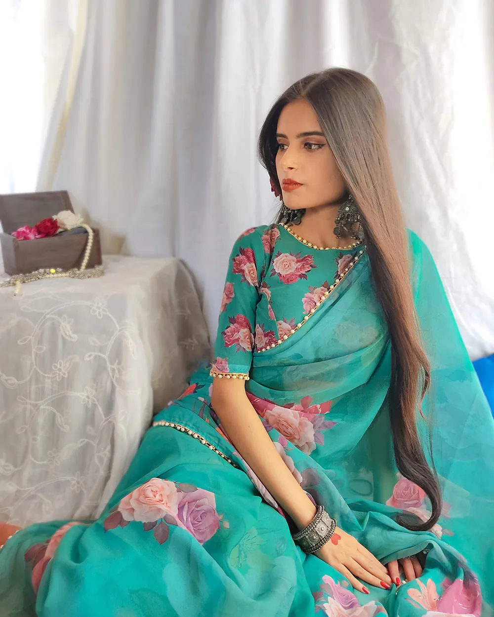 YNF7007 Green Color Georgette Printed with pearl lace border Saree Casual, Party Wear, Wedding, Events Etc. Expected Delivery 4-6 Working Days @1499/- | Designer Sarees, Sarees, Bollywood Sarees, Creative Sarees, Embroidered Sarees, Ethnic Saree, Modern Digital sarees, Party Wear Sarees