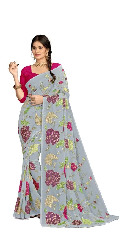 KT 248 Grey Color Georgette Fancy Thread & Sequence Saree Casual, Party Wear, Wedding Expected Delivery 4-6 Working Days@1799/- | Designer Sarees, Sarees, Bollywood Sarees, Creative Sarees, Embroidered Sarees, Party Wear Sarees