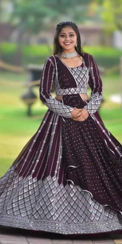Ram 001 Maroon Color Georgette Sequence Thread Work With Zari Lehenga Choli Casual, Wedding, Festive, Events Expected Delivery 4-6 Working Days @3199/- | Lehenga, Bollywood Lehenga, Creative Lehenga, Designer Lehenga, Embroidered Lehenga, Party Wear Lehenga