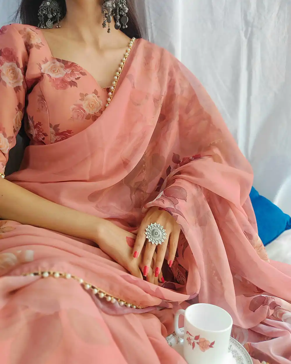 YNF7007 Orange Color Georgette Printed with pearl lace border Saree Casual, Party Wear, Wedding, Events Etc. Expected Delivery 4-6 Working Days @1499/- | Designer Sarees, Sarees, Bollywood Sarees, Creative Sarees, Embroidered Sarees, Ethnic Saree, Modern Digital sarees, Party Wear Sarees