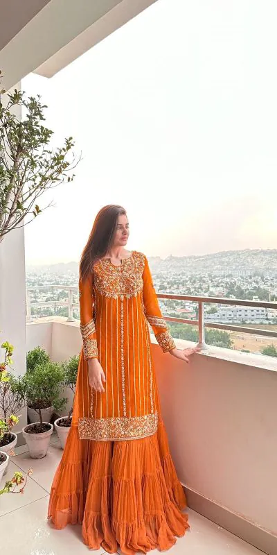 KD 1241 Orange Color Faux Georgette Thread Sequence Salwar Suit Casual, Party, Wedding, Festive, Events Etc.  Expected Delivery 4-6 Working Days @1949/- | Jump Suits, Salwar suit, Casual Suits, Creative suits, Designer Suits, Palazzo Suits, Party Wear Suits, Patiala Suits, Straight Suits