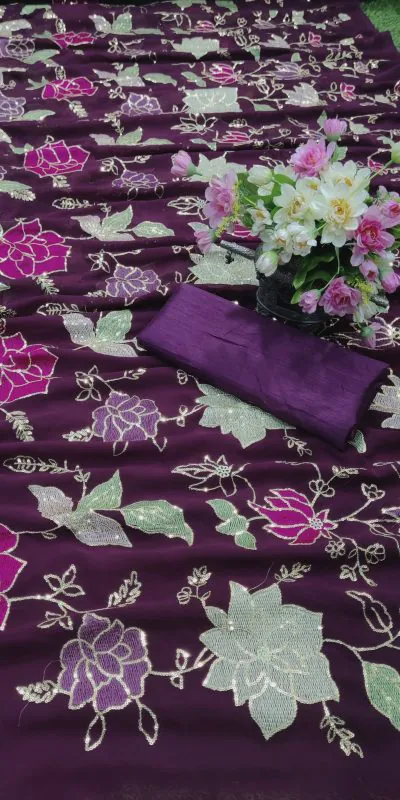KT 248 Purple Color Georgette Fancy Thread & Sequence Saree Casual, Party Wear, Wedding   Expected Delivery 4-6 Working Days@1799/- | Designer Sarees, Sarees, Bollywood Sarees, Creative Sarees, Embroidered Sarees, Party Wear Sarees