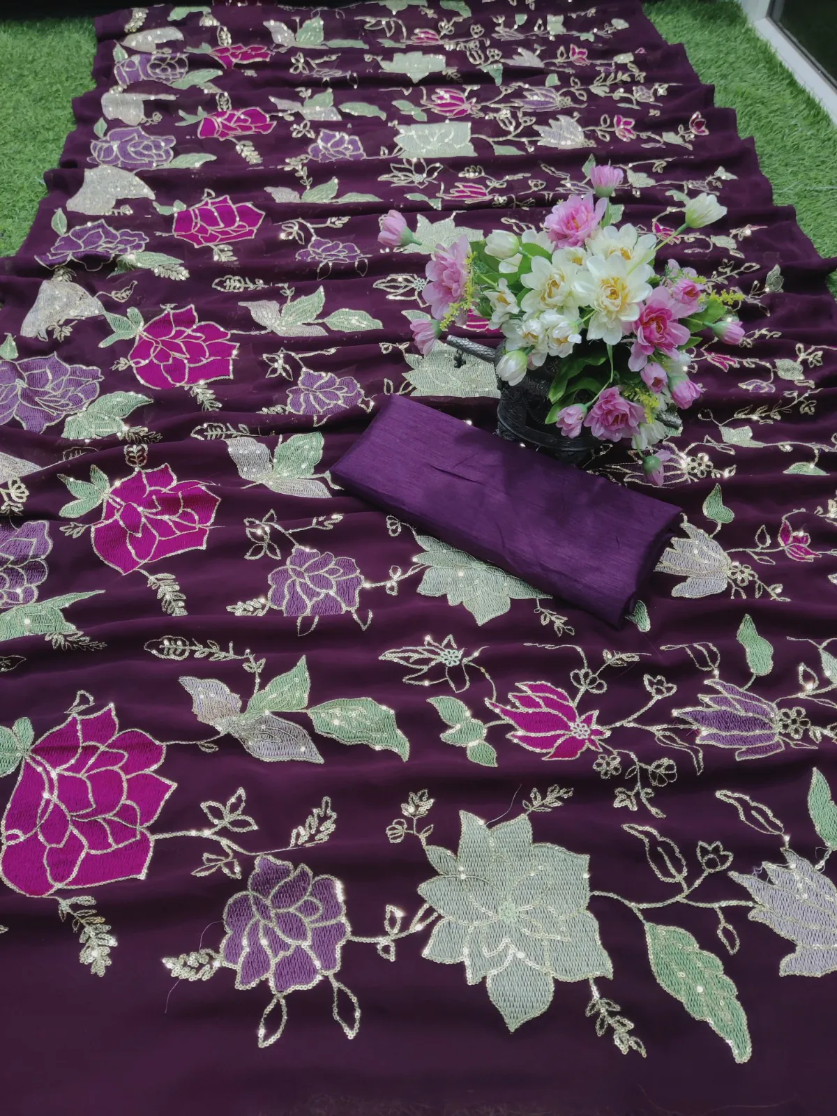 KT 248 Purple Color Georgette Fancy Thread & Sequence Saree Casual, Party Wear, Wedding   Expected Delivery 4-6 Working Days@1799/- | Designer Sarees, Sarees, Bollywood Sarees, Creative Sarees, Embroidered Sarees, Party Wear Sarees