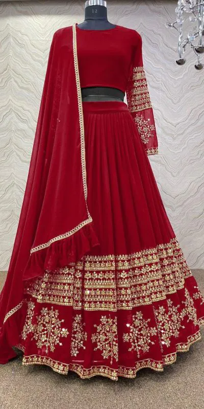 RC Butta Gold Red Color Heavy Georgette Embroidery Sequins Lehenga Choli Casual, Party Wedding, Festive, Events Etc. Delivery  4-6 Working Days 1699/- | Lehenga, Bollywood Lehenga, Creative Lehenga, Designer Lehenga, Embroidered Lehenga, Party Wear Lehenga