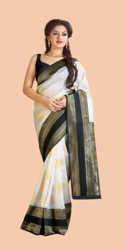 KP 5055 White & Black Color Soft Lichi Silk Jacquard Work Saree Casual, Party Wear, Wedding, Events Etc. Expected Delivery 4-6 Working Days @1499/- | Designer Sarees, Sarees, Bollywood Sarees, Creative Sarees, Embroidered Sarees, Ethnic Saree, Modern Digital sarees, Party Wear Sarees