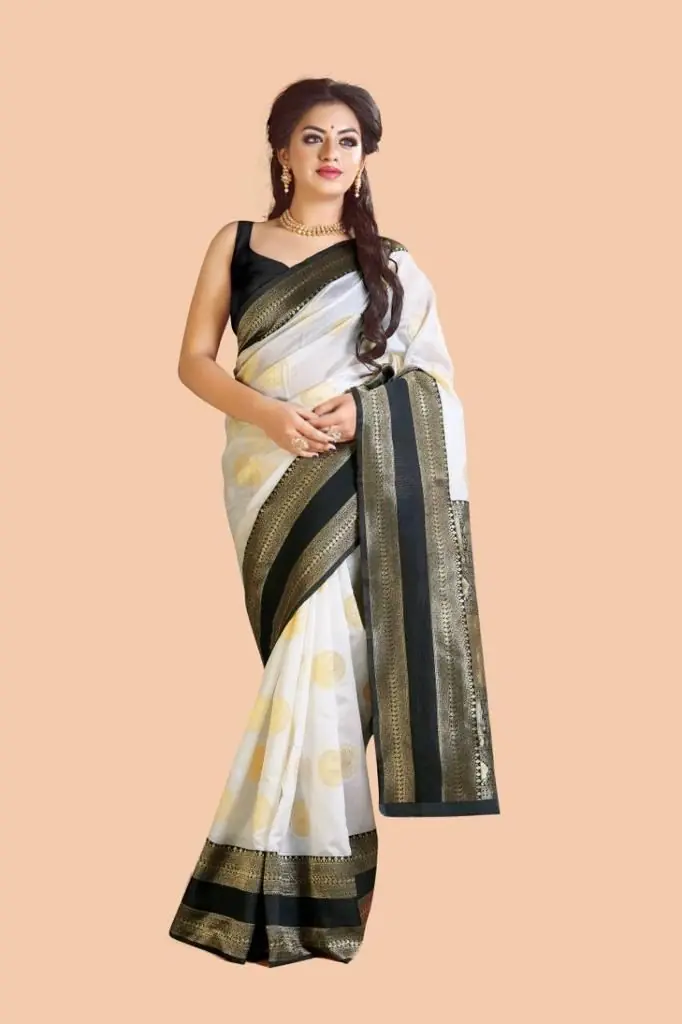 KP 5055 White & Black Color Soft Lichi Silk Jacquard Work Saree Casual, Party Wear, Wedding, Events Etc. Expected Delivery 4-6 Working Days @1499/- | Designer Sarees, Sarees, Bollywood Sarees, Creative Sarees, Embroidered Sarees, Ethnic Saree, Modern Digital sarees, Party Wear Sarees