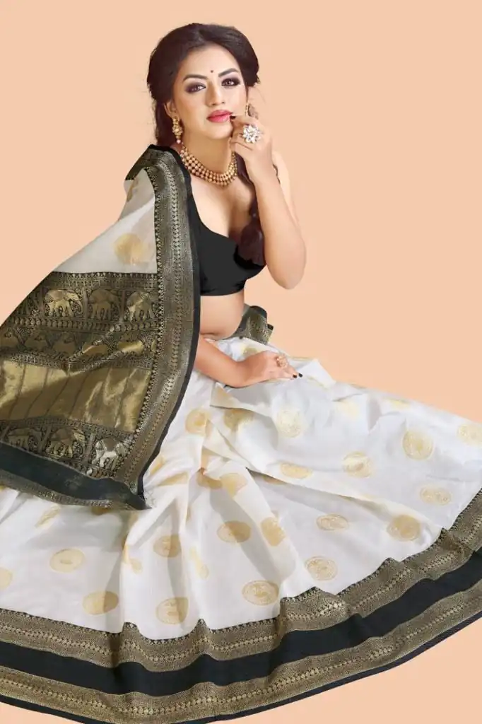 KP 5055 White & Black Color Soft Lichi Silk Jacquard Work Saree Casual, Party Wear, Wedding, Events Etc. Expected Delivery 4-6 Working Days @1499/- | Designer Sarees, Sarees, Bollywood Sarees, Creative Sarees, Embroidered Sarees, Ethnic Saree, Modern Digital sarees, Party Wear Sarees
