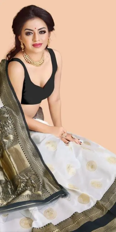 KP 5055 White & Black Color Soft Lichi Silk Jacquard Work Saree Casual, Party Wear, Wedding, Events Etc. Expected Delivery 4-6 Working Days @1499/- | Designer Sarees, Sarees, Bollywood Sarees, Creative Sarees, Embroidered Sarees, Ethnic Saree, Modern Digital sarees, Party Wear Sarees