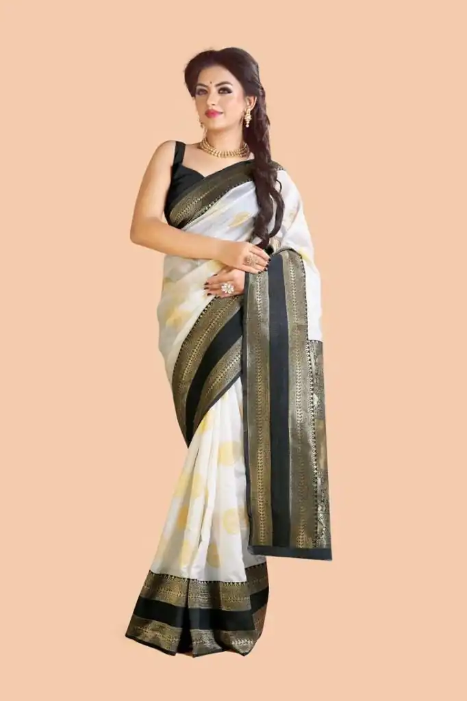 KP 5055 White & Black Color Soft Lichi Silk Jacquard Work Saree Casual, Party Wear, Wedding, Events Etc. Expected Delivery 4-6 Working Days @1499/- | Designer Sarees, Sarees, Bollywood Sarees, Creative Sarees, Embroidered Sarees, Ethnic Saree, Modern Digital sarees, Party Wear Sarees