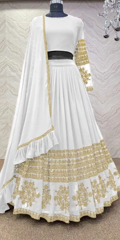 RC Butta Gold White Color Heavy Georgette Embroidery Sequins Lehenga Choli Casual, Party Wedding, Festive, Events Etc. Delivery  4-6 Working Days 1699/- | Lehenga, Bollywood Lehenga, Creative Lehenga, Designer Lehenga, Embroidered Lehenga, Party Wear Lehenga