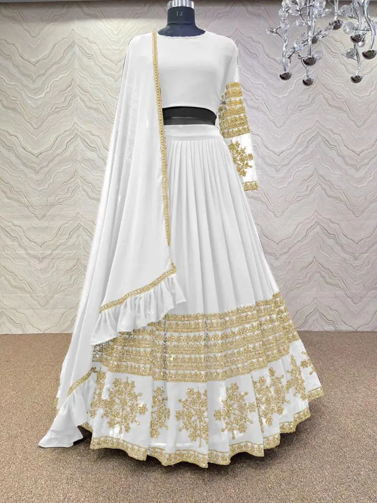 RC Butta Gold White Color Heavy Georgette Embroidery Sequins Lehenga Choli Casual, Party Wedding, Festive, Events Etc. Delivery  4-6 Working Days 1699/- | Lehenga, Bollywood Lehenga, Creative Lehenga, Designer Lehenga, Embroidered Lehenga, Party Wear Lehenga