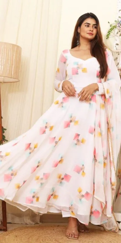 RTC 8041 C White Color Georgette Embroidered Swarovski Anarkali Suit Casual, Wedding, Party, Festive, Events Etc. Expected Delivery 4-6 Working Days @1899 | Anarkali Suits, Bollywood Anarkali, Creative-Anarkali, Designer Anarkali, Embroidered Anarkali, Party Wear Anarkali, Straight Suits