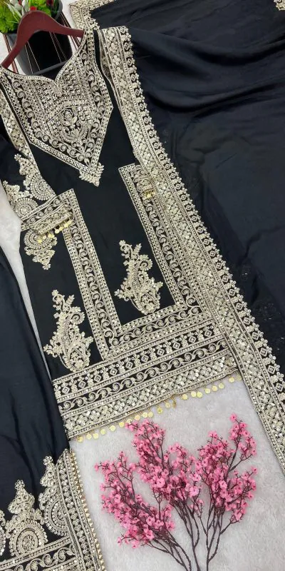 NSR 805 Black Color Pure Chinnon Silk Embroidery Coding Salwar Suit Casual, Party Festive, Events Etc. Expected Delivery 4-6 Working Days @2149/- | Jump Suits, Salwar suit, Casual Suits, Creative suits, Designer Suits, Palazzo Suits, Party Wear Suits, Patiala Suits, Straight Suits