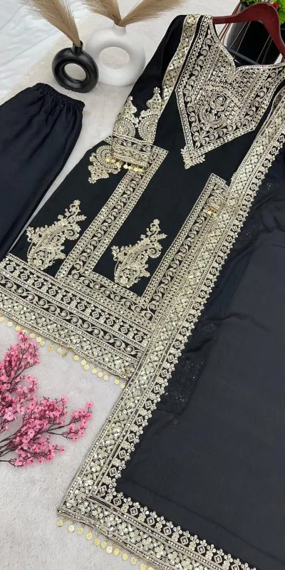 NSR 805 Black Color Pure Chinnon Silk Embroidery Coding Salwar Suit Casual, Party Festive, Events Etc. Expected Delivery 4-6 Working Days @2149/- | Jump Suits, Salwar suit, Casual Suits, Creative suits, Designer Suits, Palazzo Suits, Party Wear Suits, Patiala Suits, Straight Suits