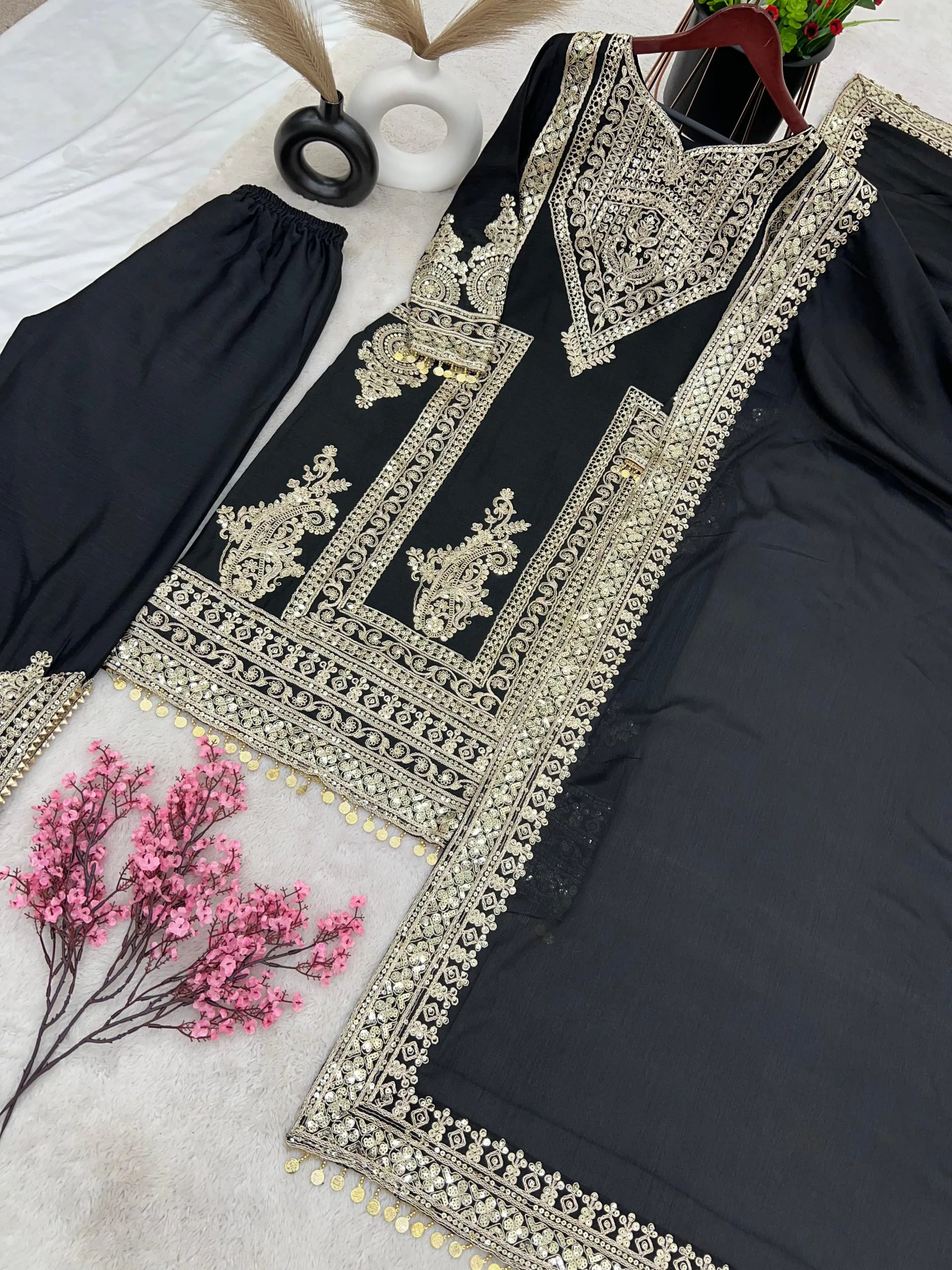 NSR 805 Black Color Pure Chinnon Silk Embroidery Coding Salwar Suit Casual, Party Festive, Events Etc. Expected Delivery 4-6 Working Days @2149/- | Jump Suits, Salwar suit, Casual Suits, Creative suits, Designer Suits, Palazzo Suits, Party Wear Suits, Patiala Suits, Straight Suits